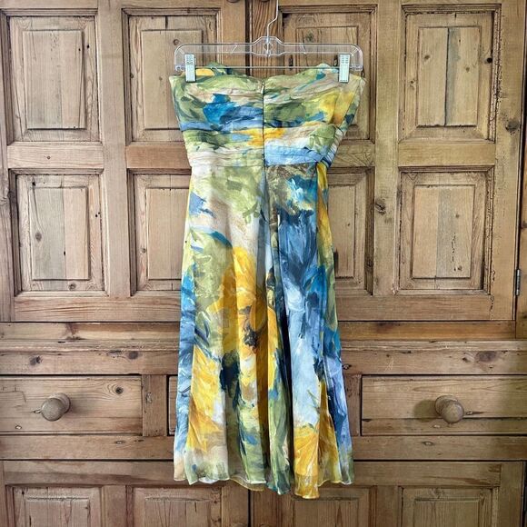 Badgley Mischka 2‎ Silk Watercolor Strapless Dress Flowy Knee Length Cocktail - Picture 9 of 13